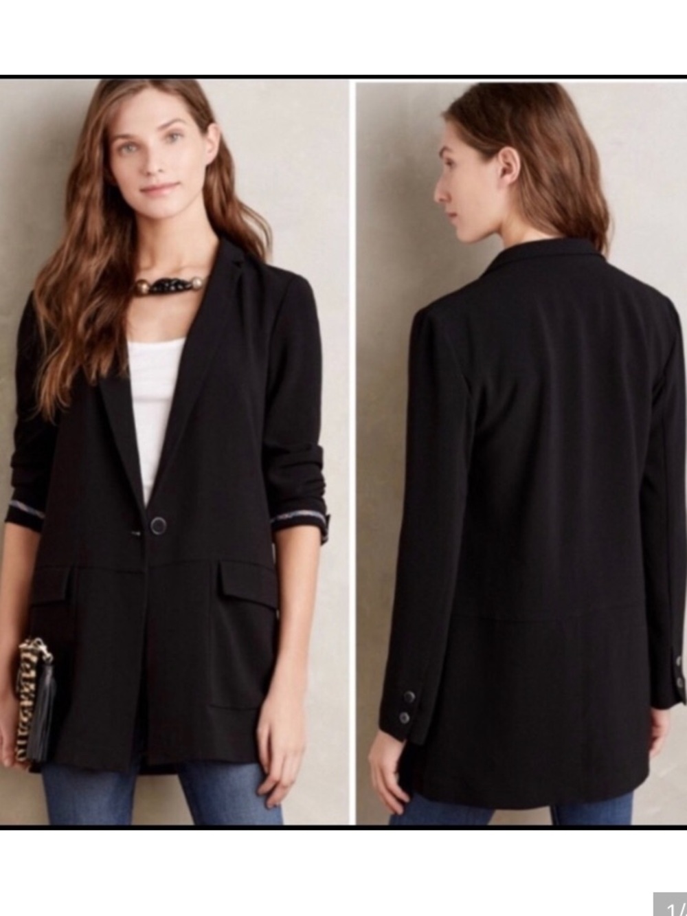Anthropologie Beatrice Black Fabric Blazer Longline Single Button Medium